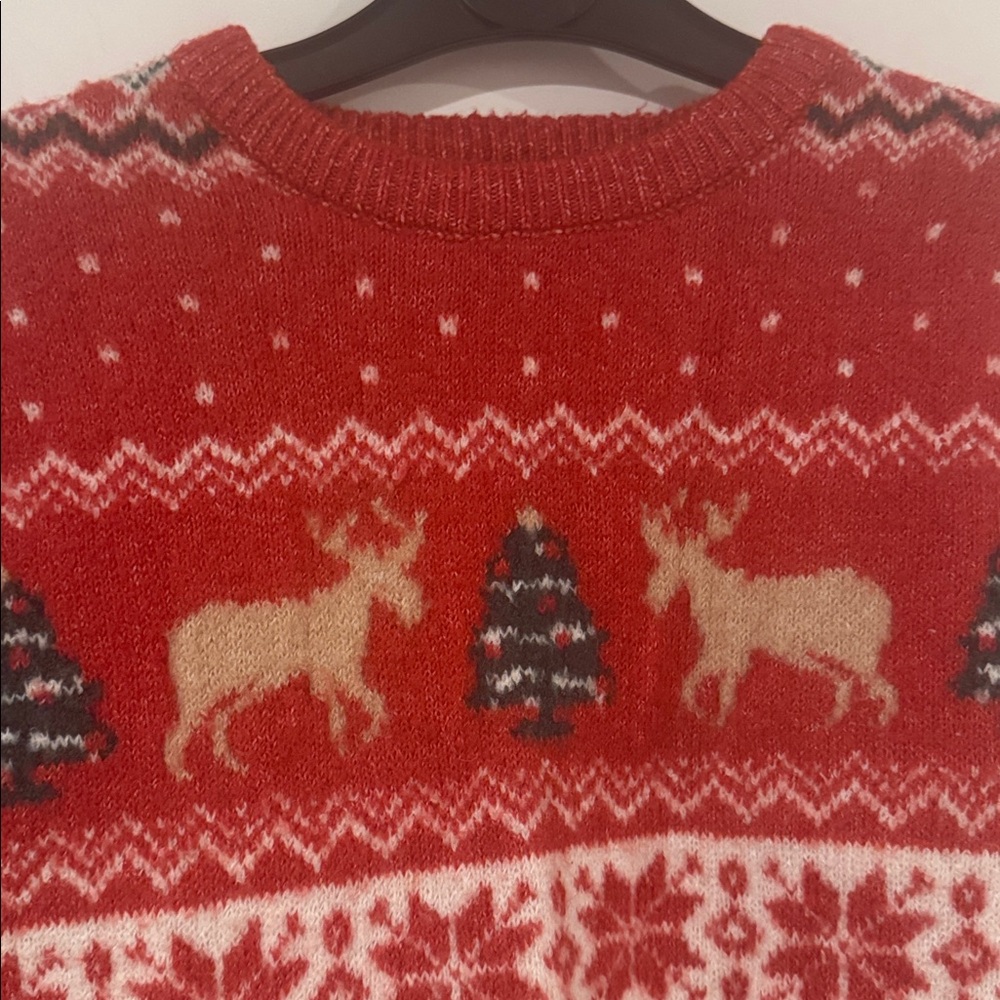 Kids Festive Red Holiday Sweater with Reindeer and Snowflakes - Picture 4 of 6